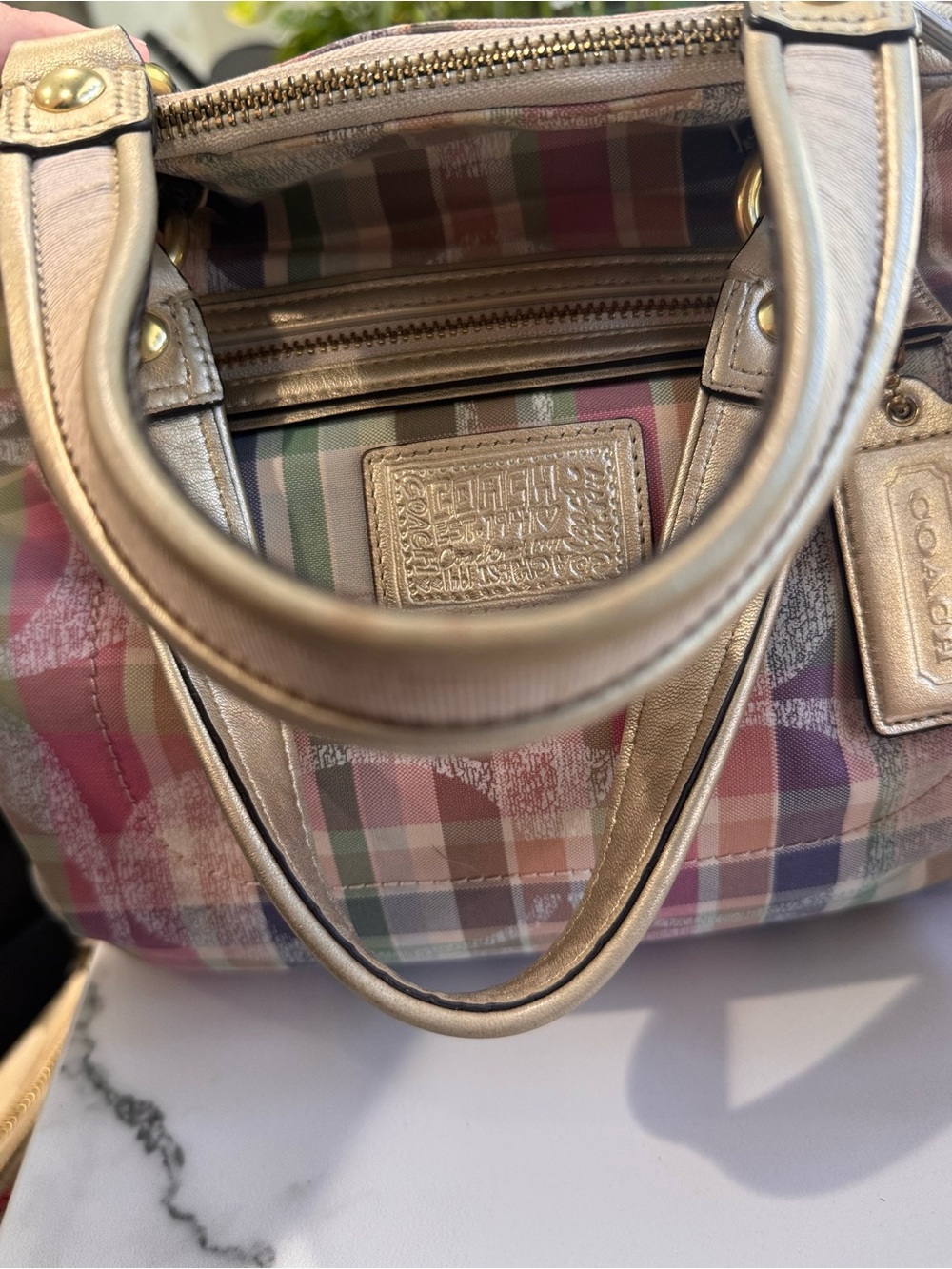 ❌SOLD Coach Multicolor Plaid Dome Satchel + Teddy Charm - Picture 6 of 12